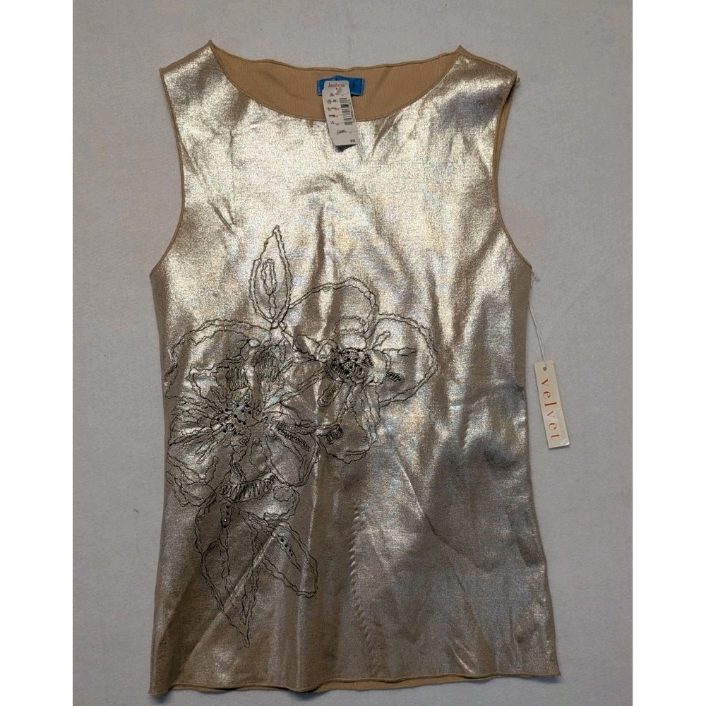 Velvet Brand Jacobsons VTG Old Money Tank Top Gold Shine Flowers Gems Size Large